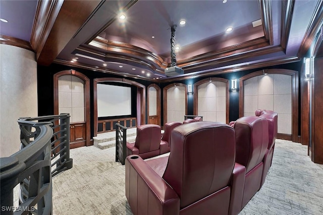 cinema room with crown molding and carpet