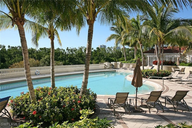 pool featuring a patio and fence