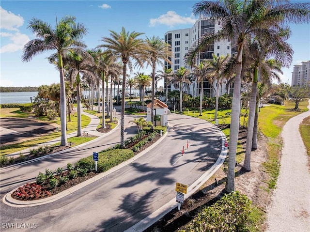 view of community featuring a water view