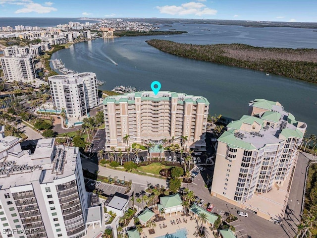 birds eye view of property featuring a water view