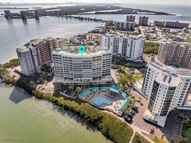 drone / aerial view featuring a water view