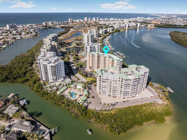 aerial view featuring a water view