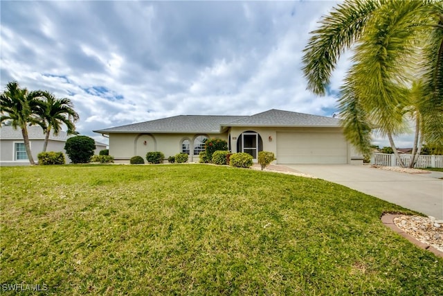 ranch-style house featuring a garage and a front lawn