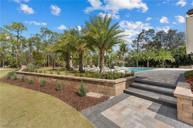 view of home's community with a swimming pool and a patio