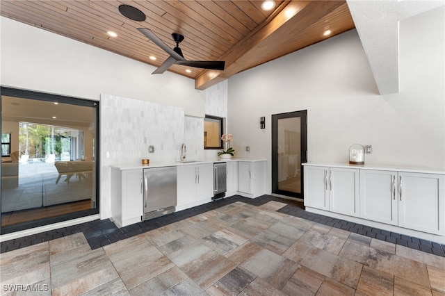 kitchen featuring built in fridge, a towering ceiling, sink, white cabinets, and wood ceiling