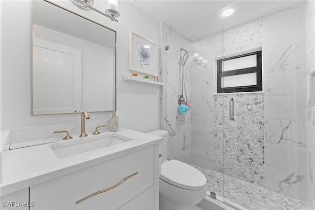 bathroom with vanity, toilet, and an enclosed shower