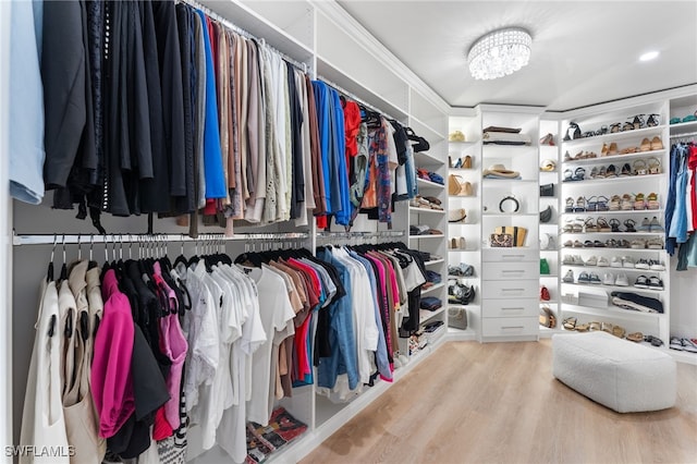 walk in closet featuring wood-type flooring and a chandelier