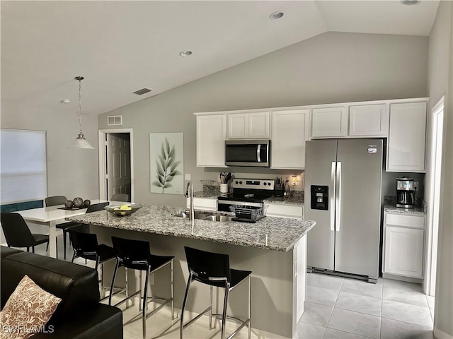 kitchen with visible vents, an island with sink, stainless steel appliances, white cabinetry, and a sink