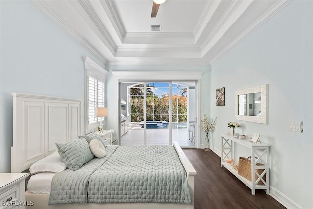3747 Fountainhead Ln, Naples, FL 34103 - bedroom with access to exterior, dark wood finished floors, a raised ceiling, crown molding, and ceiling fan