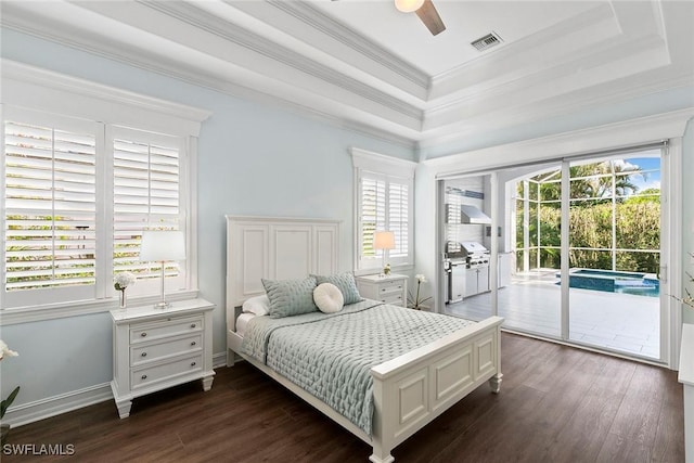 3747 Fountainhead Ln, Naples, FL 34103 - bedroom featuring access to exterior, ornamental molding, dark wood-style flooring, and a raised ceiling