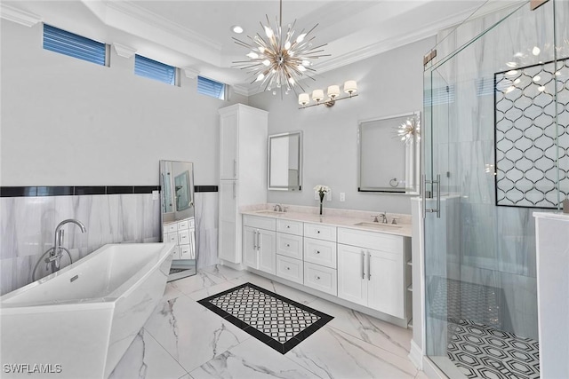 3747 Fountainhead Ln, Naples, FL 34103 - full bath with ornamental molding, double vanity, a freestanding bath, a stall shower, and a chandelier