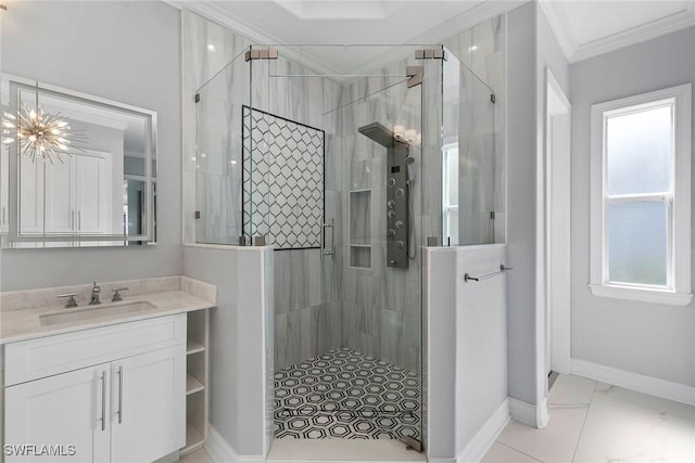 3747 Fountainhead Ln, Naples, FL 34103 - full bath with ornamental molding, a stall shower, vanity, and a chandelier
