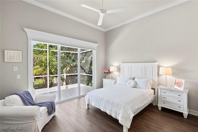 3747 Fountainhead Ln, Naples, FL 34103 - bedroom with wood finished floors, ornamental molding, access to outside, and ceiling fan