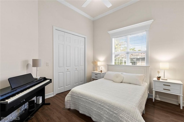 3747 Fountainhead Ln, Naples, FL 34103 - bedroom with ornamental molding, dark wood-style flooring, a closet, and ceiling fan