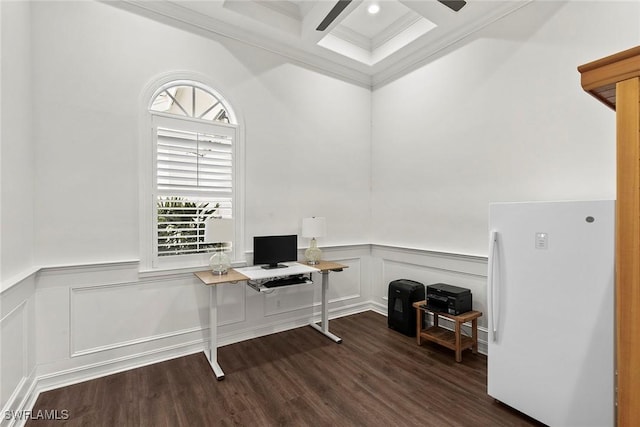 3747 Fountainhead Ln, Naples, FL 34103 - office area with coffered ceiling, beamed ceiling, dark wood finished floors, a decorative wall, and crown molding