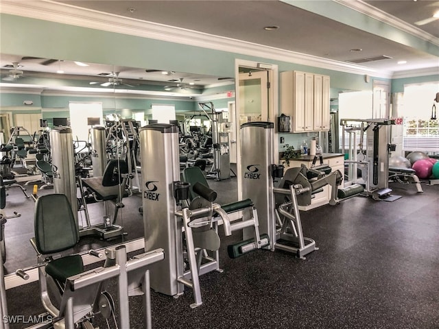 workout area featuring a raised ceiling, ornamental molding, and ceiling fan