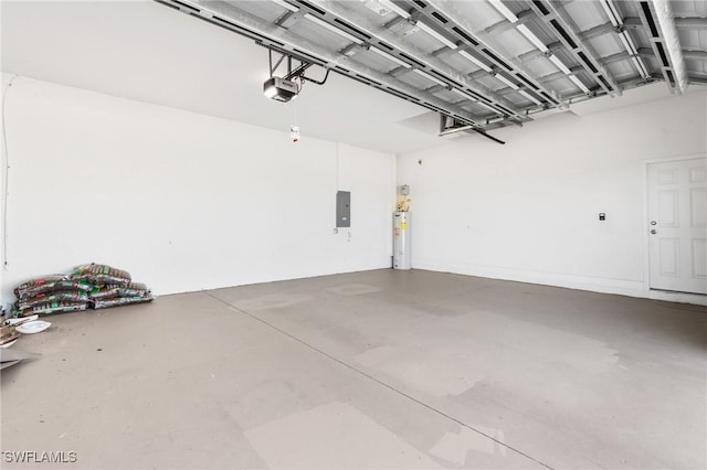 garage featuring water heater, electric panel, and a garage door opener