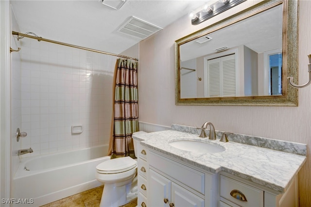 full bathroom with vanity, tile patterned floors, shower / bath combination with curtain, and toilet