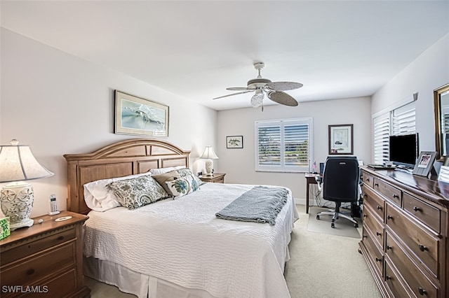 bedroom with light colored carpet and ceiling fan