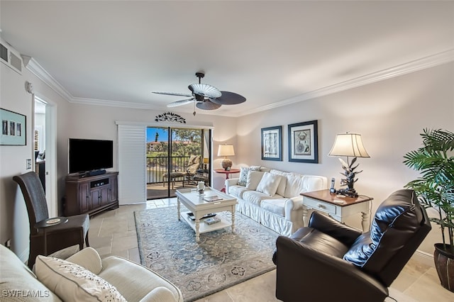 living room with crown molding and ceiling fan