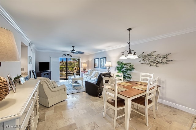 dining area featuring crown molding and ceiling fan with notable chandelier