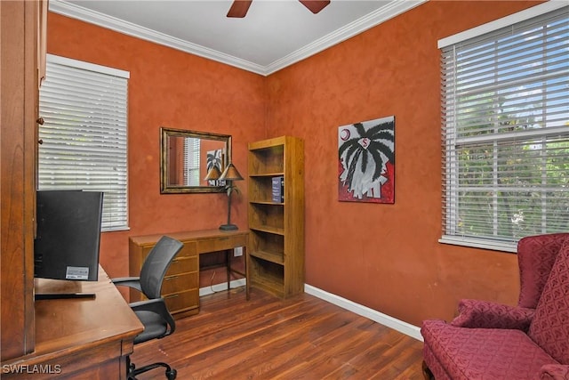 office with a ceiling fan, baseboards, crown molding, and wood finished floors