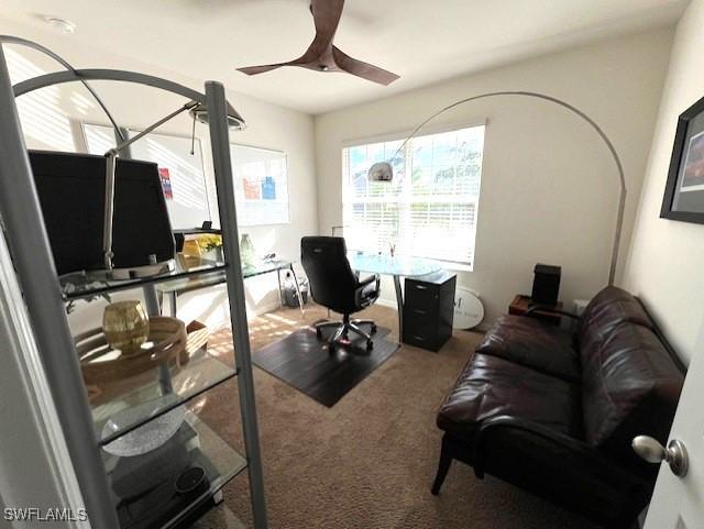 home office featuring a ceiling fan and carpet