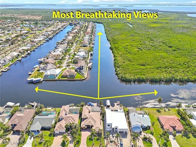 bird's eye view with a water view and a residential view