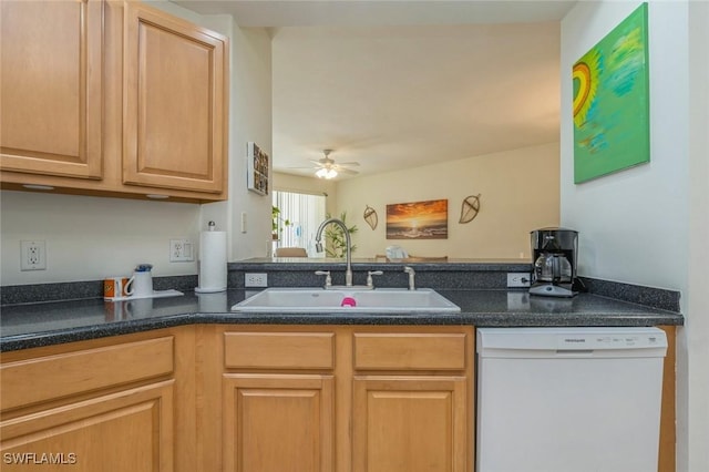 kitchen with ceiling fan, light brown cabinetry, dishwasher, and sink