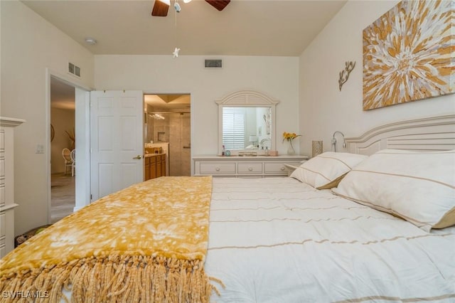 bedroom featuring ceiling fan and ensuite bathroom