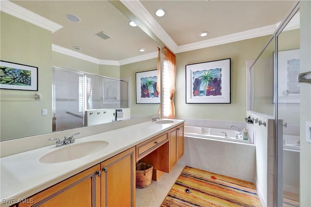 bathroom with tile patterned floors, ornamental molding, plus walk in shower, and vanity