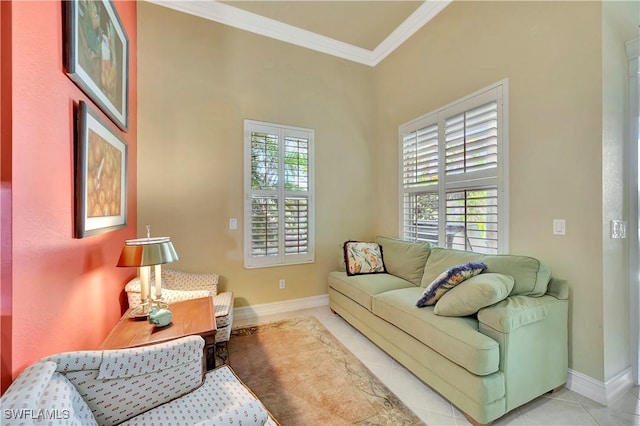 tiled living room featuring ornamental molding