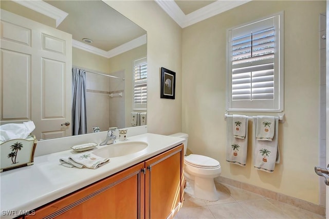 bathroom featuring tile patterned floors, toilet, ornamental molding, vanity, and a shower with shower curtain