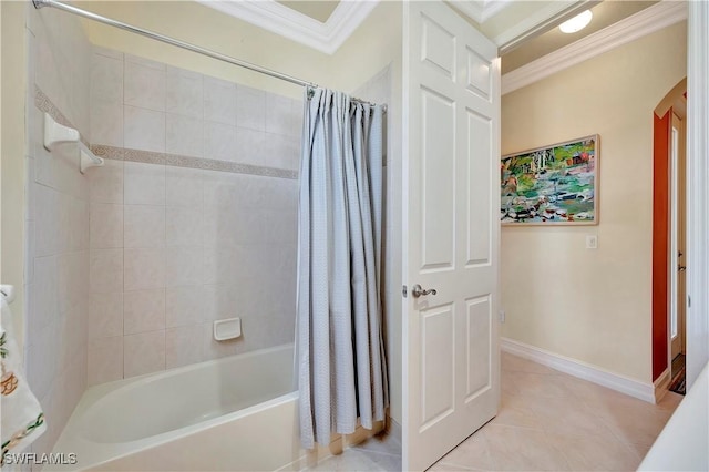 bathroom with crown molding, tile patterned flooring, and shower / tub combo