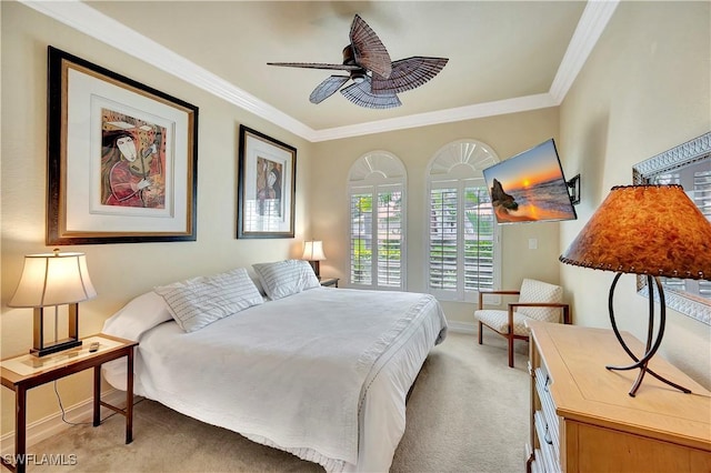 bedroom with light colored carpet and ornamental molding