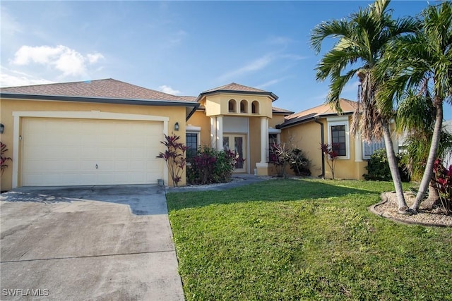 mediterranean / spanish house with a garage, concrete driveway, a front lawn, and stucco siding