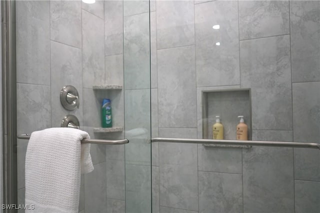 interior details with a shower with shower door