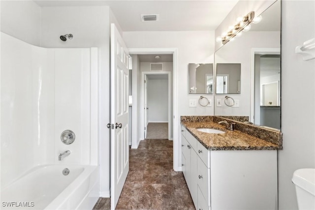 full bath featuring toilet, visible vents, shower / bathing tub combination, and vanity