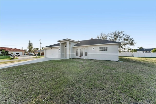 view of front facade featuring stucco siding, concrete driveway, an attached garage, fence, and a front lawn