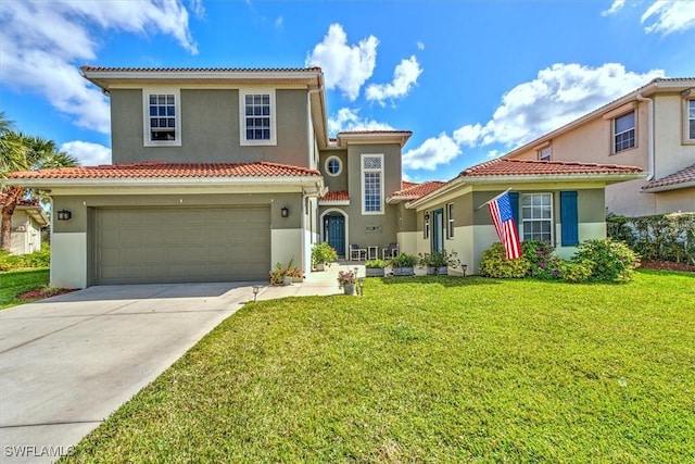 mediterranean / spanish-style home with a garage and a front lawn