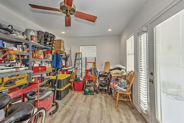 storage room featuring ceiling fan