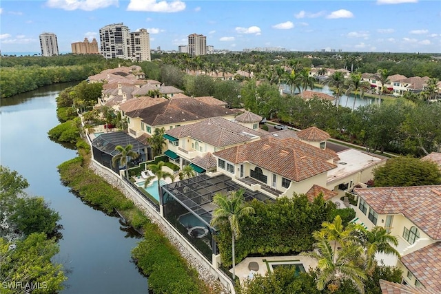 aerial view featuring a water view