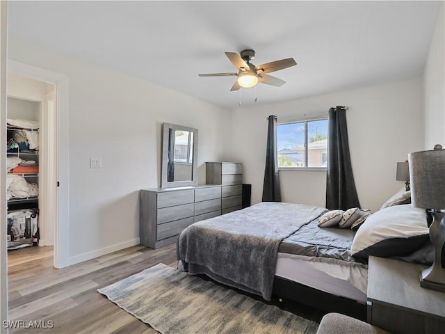 bedroom with ceiling fan, a walk in closet, light hardwood / wood-style floors, and a closet