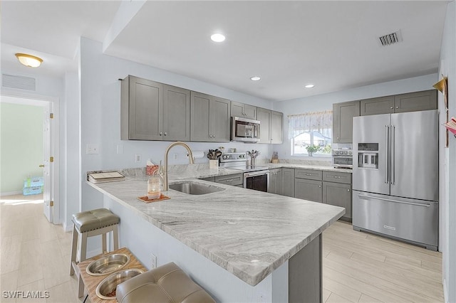 kitchen featuring gray cabinets, sink, a kitchen bar, kitchen peninsula, and stainless steel appliances