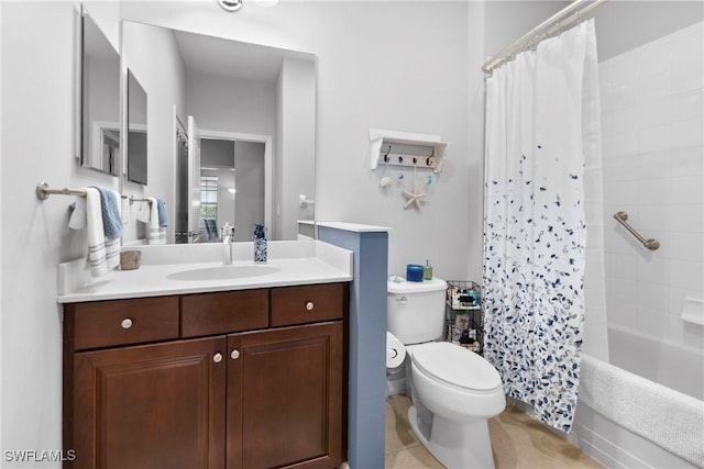 full bath featuring toilet, shower / bath combo, and vanity