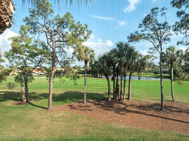 view of community with a lawn and a water view