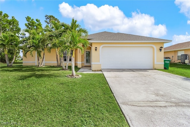 ranch-style house with a garage and a front lawn