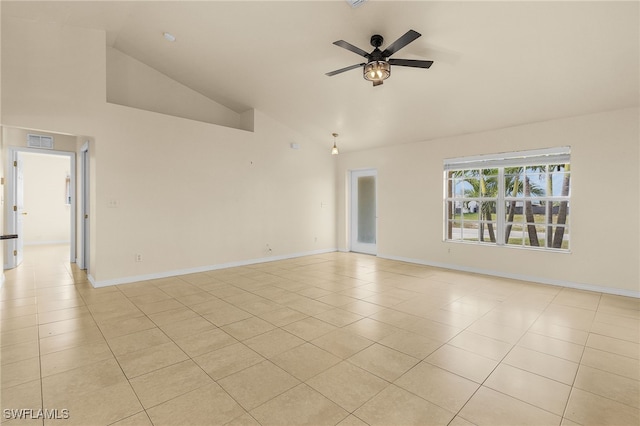 spare room featuring light tile patterned floors, baseboards, visible vents, a ceiling fan, and high vaulted ceiling