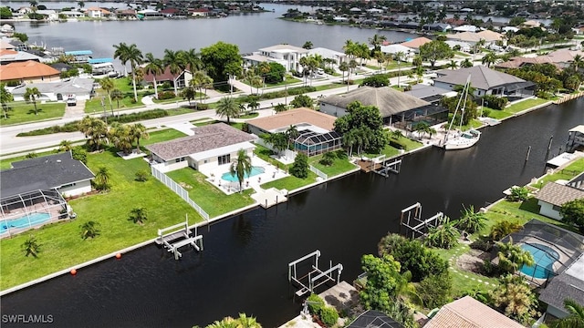 drone / aerial view featuring a water view