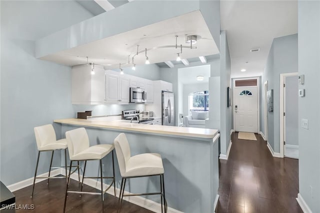 kitchen featuring light countertops, dark wood-style floors, baseboards, and stainless steel appliances